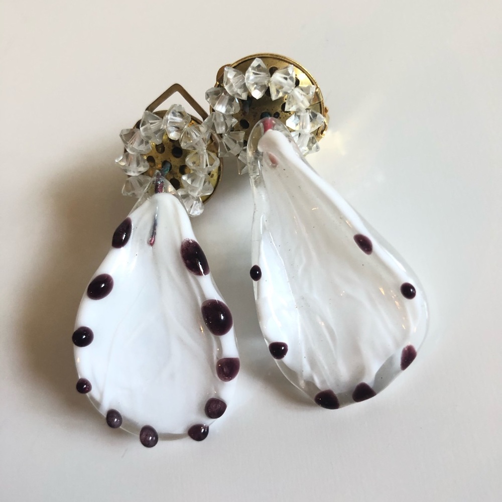 Italian Murano Glass Art Deco Brown Spotted Tear Drop Clip On Earrings